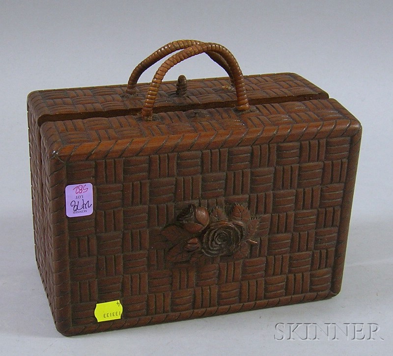 Appraisal: Carved Wooden Basketweave Pattern and Rose Decorated Purse-form Jewelry Box