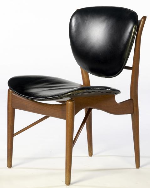 Appraisal: FINN JUHL Teak side chair with black leather cushions x