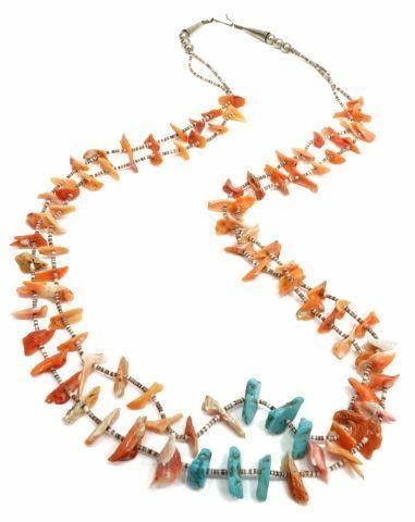 Appraisal: Native American red coral and turquoise chip bead necklace having