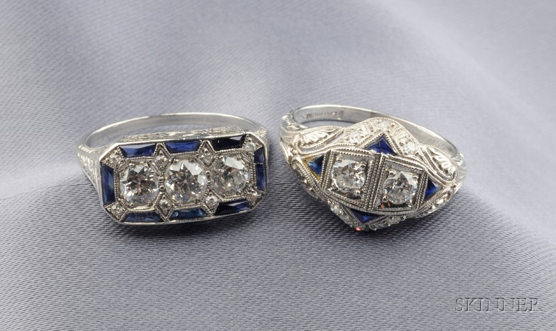 Appraisal: Two Art Deco Platinum and Diamond Rings set with old