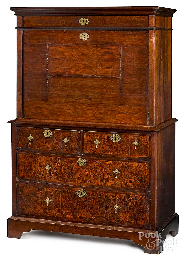 Appraisal: George I secretaire a abattant George I walnut and burl