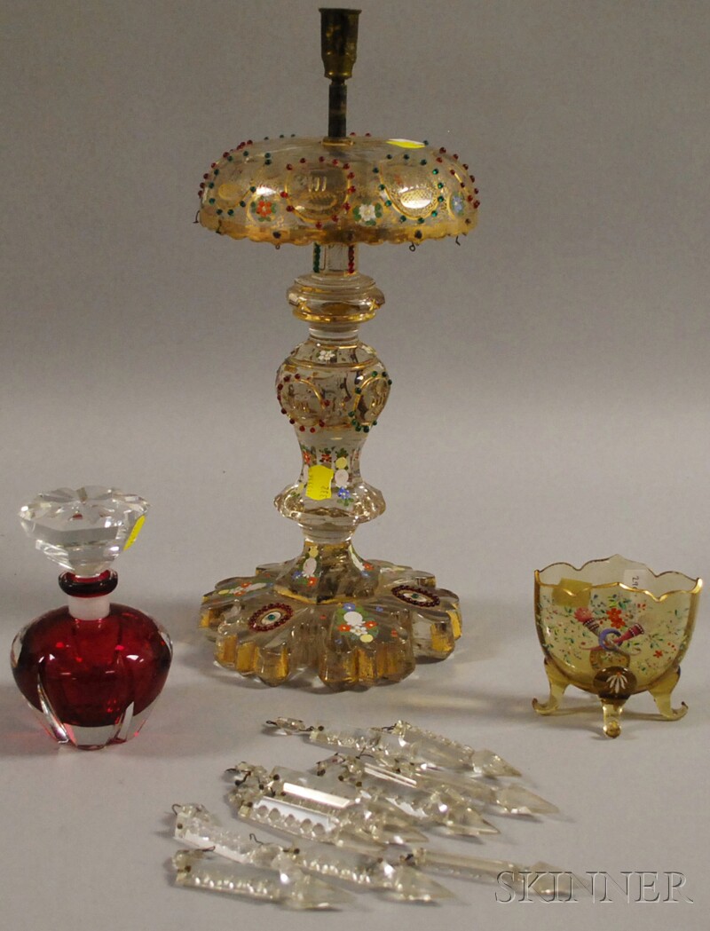 Appraisal: Gilt and Enamel-decorated Glass Lamp and Small Vase and a