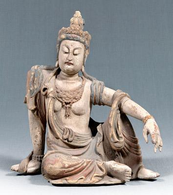 Appraisal: Chinese carved wood Guanyin seated in vajalilasana pose elaborately coiffed