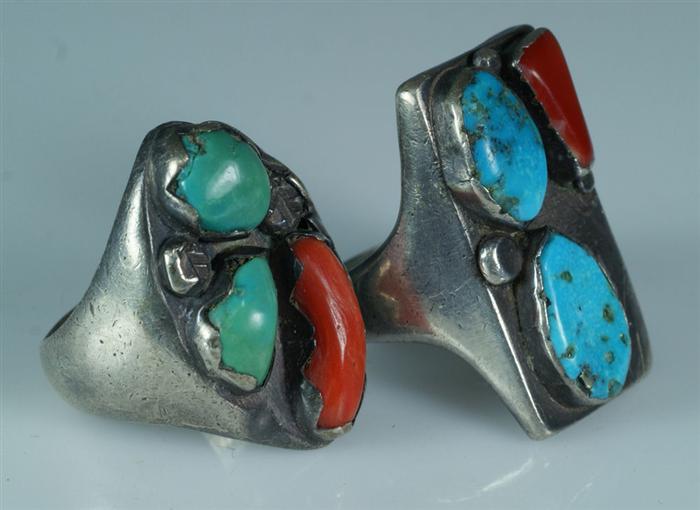 Appraisal: turquoise and coral mounted Native American silver rings sizes Estimate