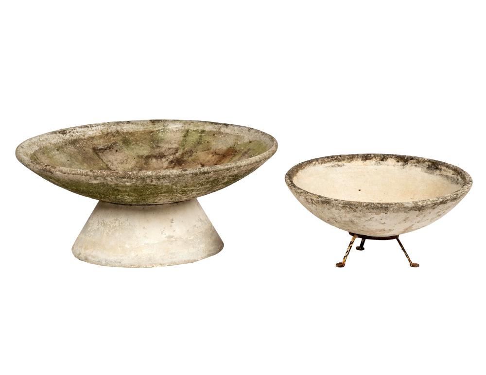 Appraisal: WILLY GUHL TWO ASSORTED SAUCER PLANTERS ON STANDSfibrated concrete Condition