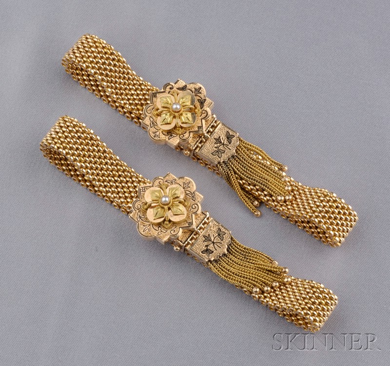 Appraisal: Pair of Antique kt Gold Enamel and Seed Pearl Slide