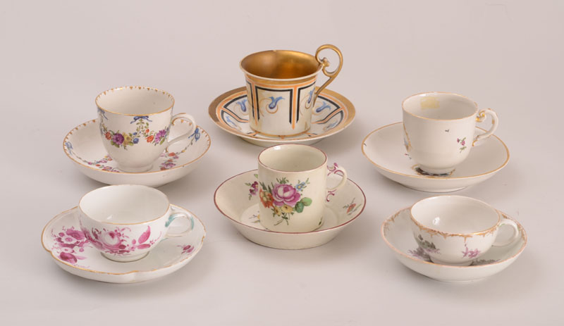 Appraisal: GROUP OF SIX CONTINENTAL PORCELAIN CUPS AND SAUCERS Comprising a