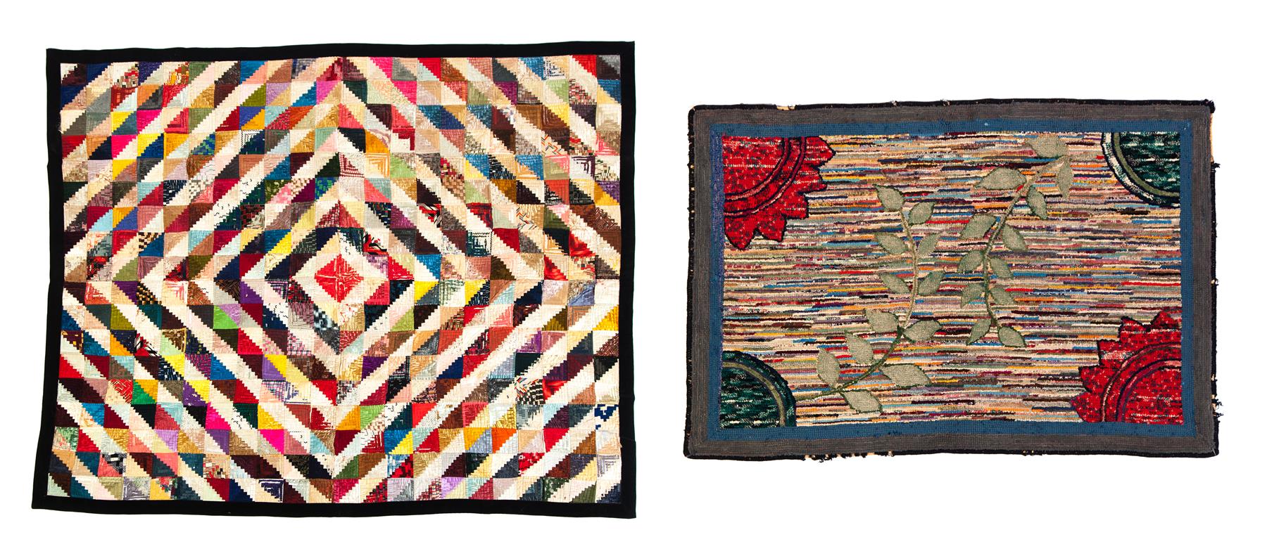 Appraisal: SILK QUILT AND HOOKED RUG American late th century Log