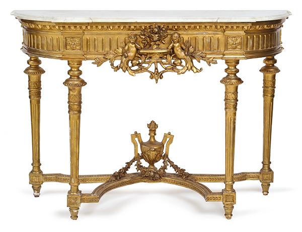 Appraisal: A TH CENTURY FRENCH GILTWOOD FRAMED CONSOLE with a reverse