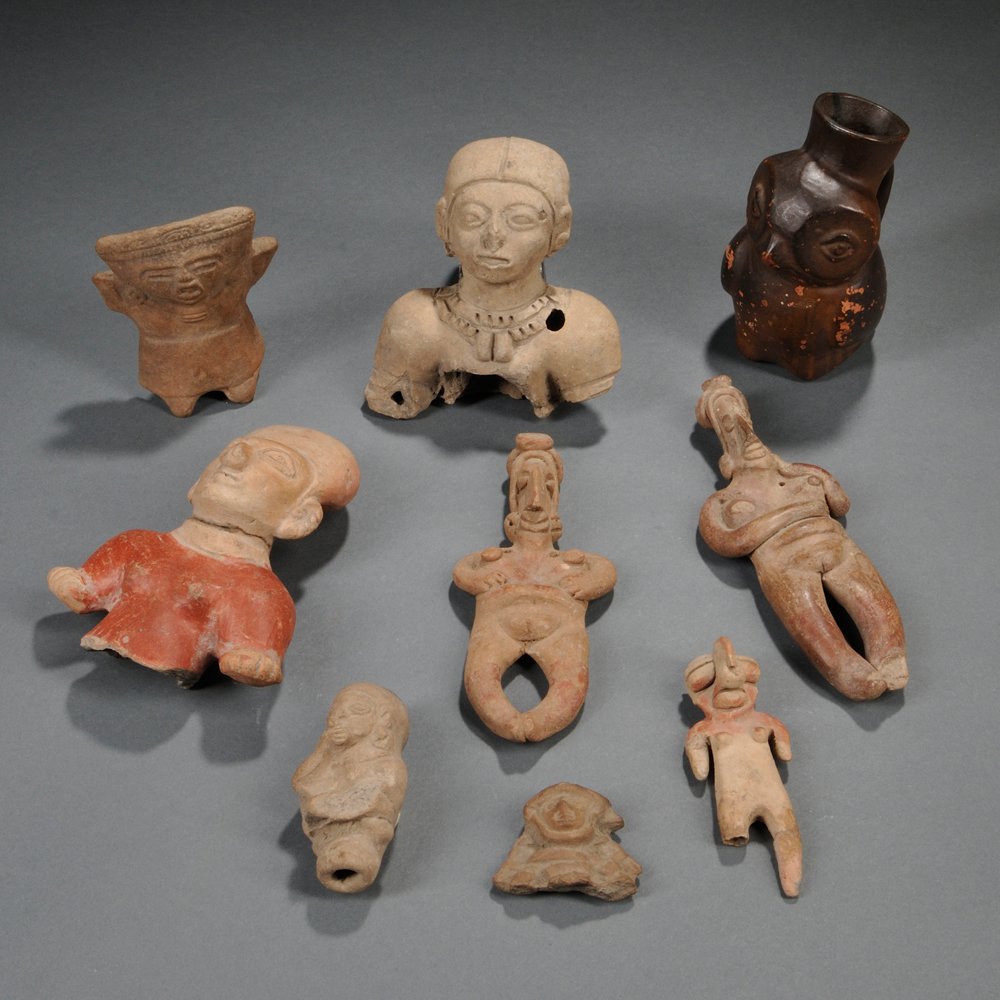 Appraisal: Nine Pre-Columbian Pottery Items two Mexican pretty ladies a Vera