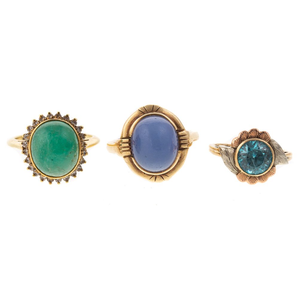 Appraisal: A Collection of Three Gold Gemstone Rings K yellow gold