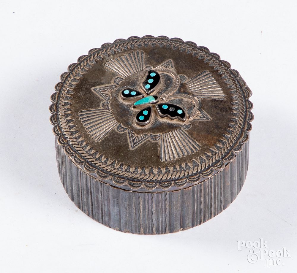 Appraisal: Good Zuni Indian sterling silver lidded box Good Zuni Indian