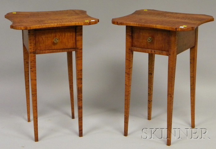 Appraisal: Pair of Tiger Maple One-drawer Stands each with shaped top