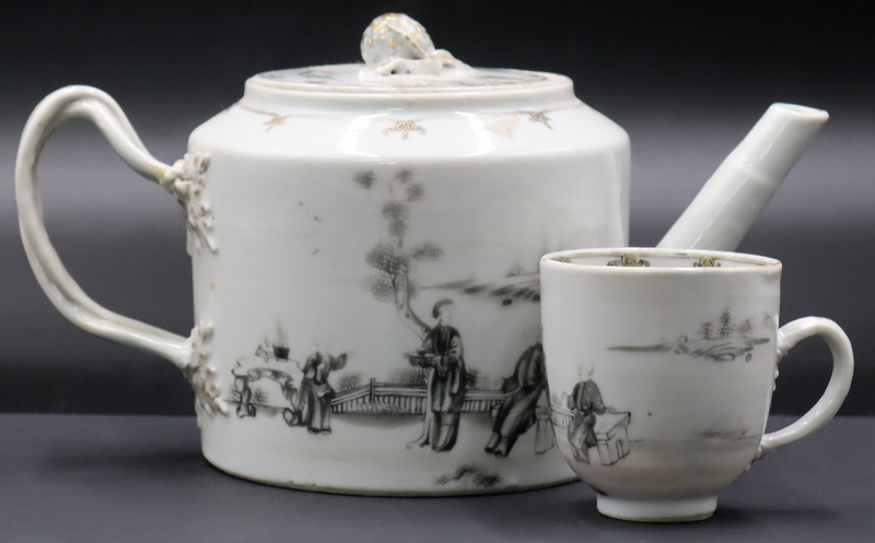 Appraisal: CHINESE GRISAILLE TEAPOT AND TEA CUP Includes a Chinese 'grisaille'