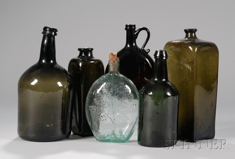 Appraisal: Six Colored Blown Glass Bottles and Flasks a green bottle