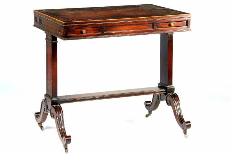 Appraisal: Weiman Leather Top Drink Table th century mahogany and boxwood