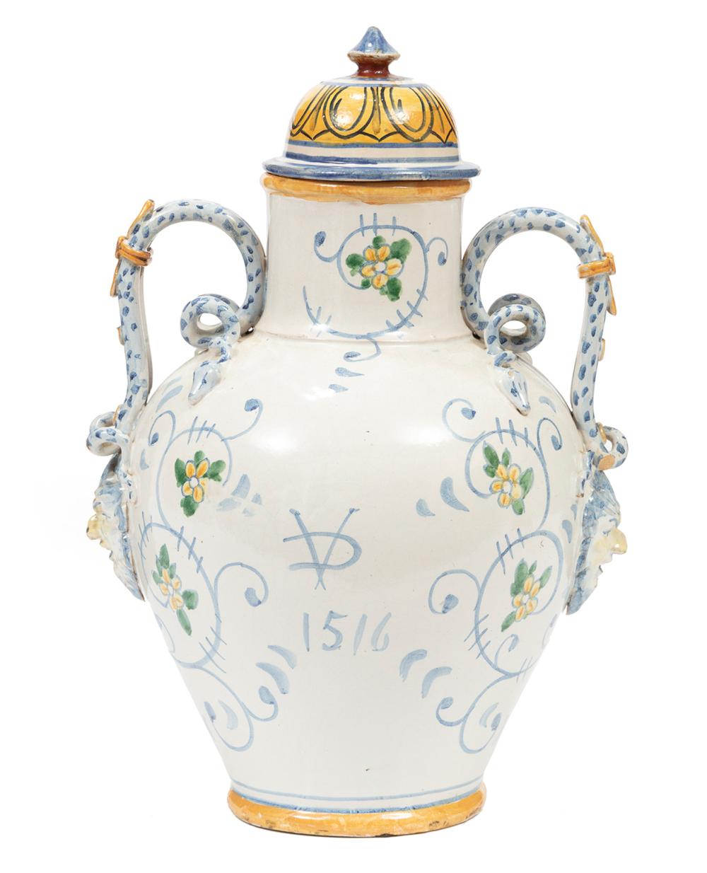 Appraisal: Large Antique French Faience Lidded Jar reserved with peasants in