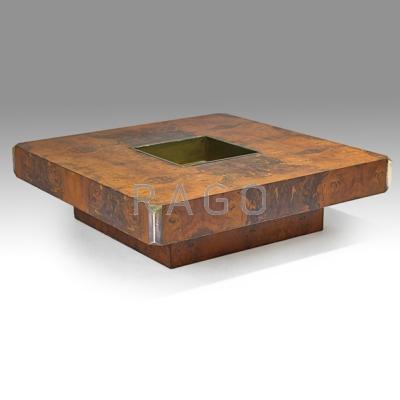 Appraisal: WILLY RIZZO Coffee table with bar France s Burled walnut