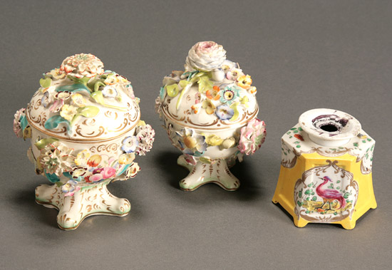 Appraisal: Two Coalport Floral Encrusted Covered Bowls and a Chelsea-Type Inkwell