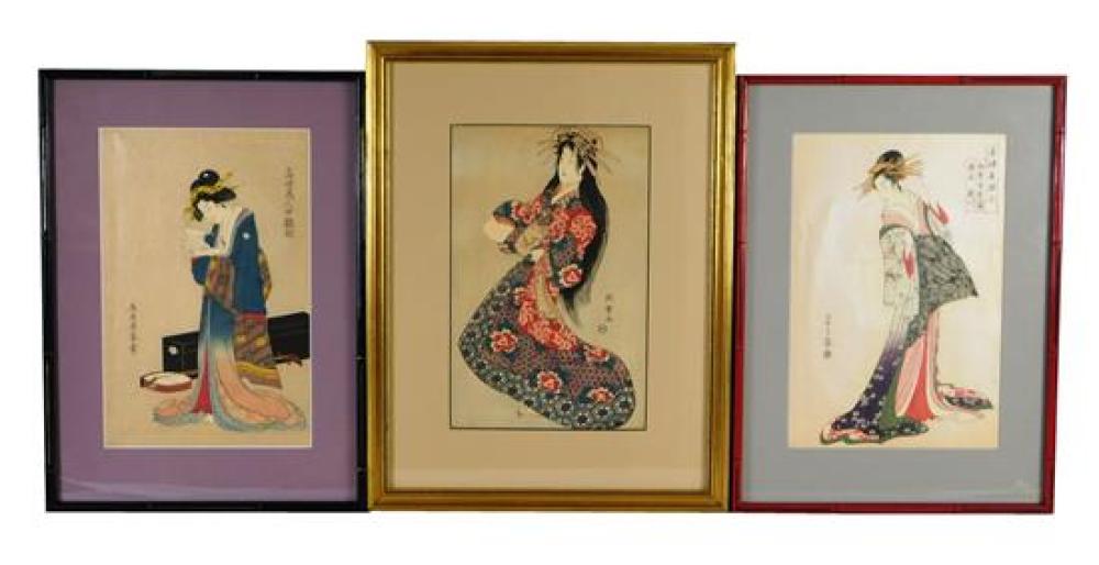 Appraisal: Three Japanese woodblock prints later printings framed and matted under