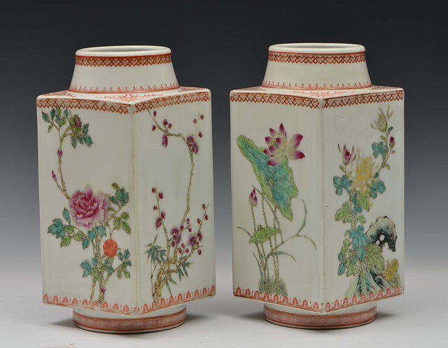 Appraisal: A PAIR OF CHINESE SQUARE VASES each panel painted in