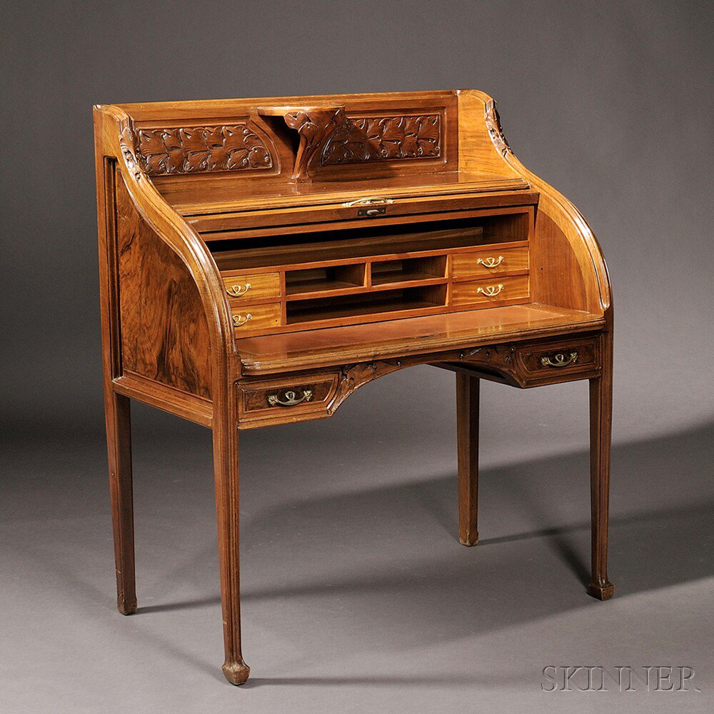 Appraisal: Art Nouveau Roll-top Desk Fruit and nut woods and veneers