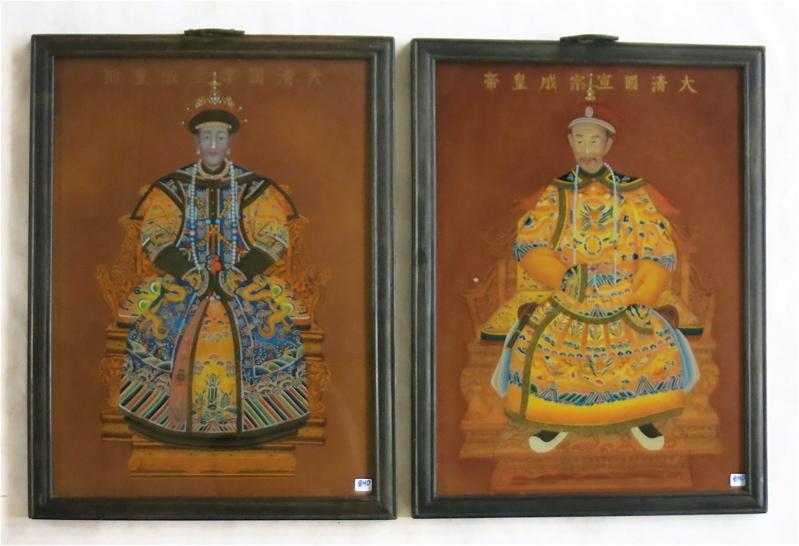 Appraisal: PAIR OF CHINESE EMPEROR AND EMPRESS PORTRAITS ON GLASS images