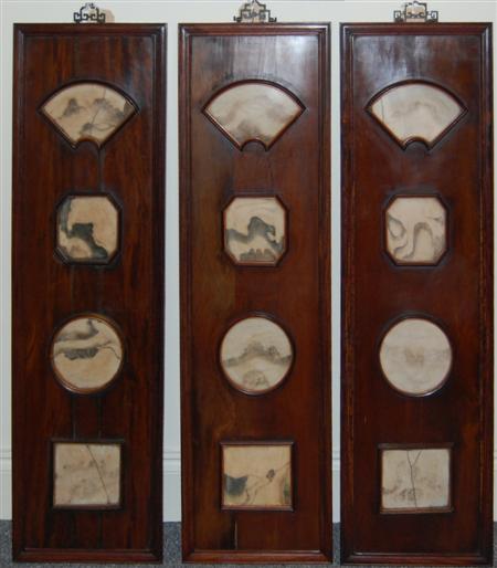 Appraisal: THREE CHINESE DREAMSTONE AND STAINED WOOD PANELS LATE TH EARLY