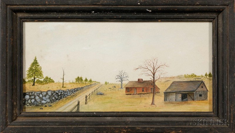 Appraisal: American School th Century Farm Scene with Red House Barn