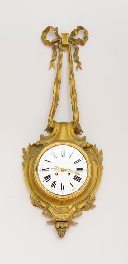 Appraisal: LOUIS XVI STYLE GILT-BRONZE CARTEL CLOCK The in enamel dial