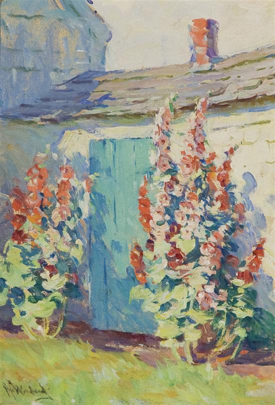 Appraisal: MABEL WOODWARD American - Hollyhocks-Doorway of Warly Home in Portsmouth