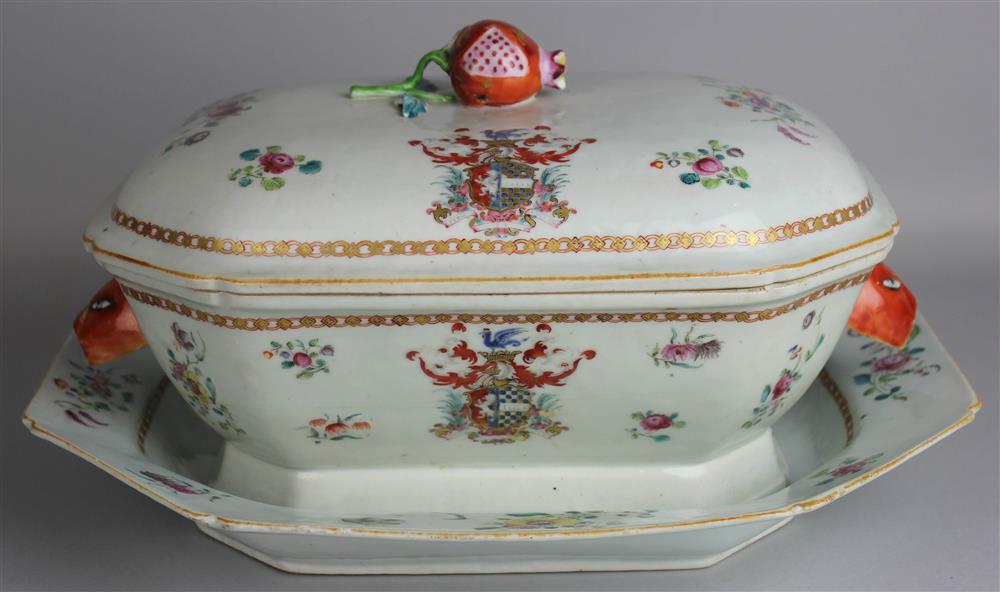 Appraisal: CHINESE EXPORT ARMORIAL RECTANGULAR-SHAPED TWO-HANDLED TUREEN COVER AND STAND TH