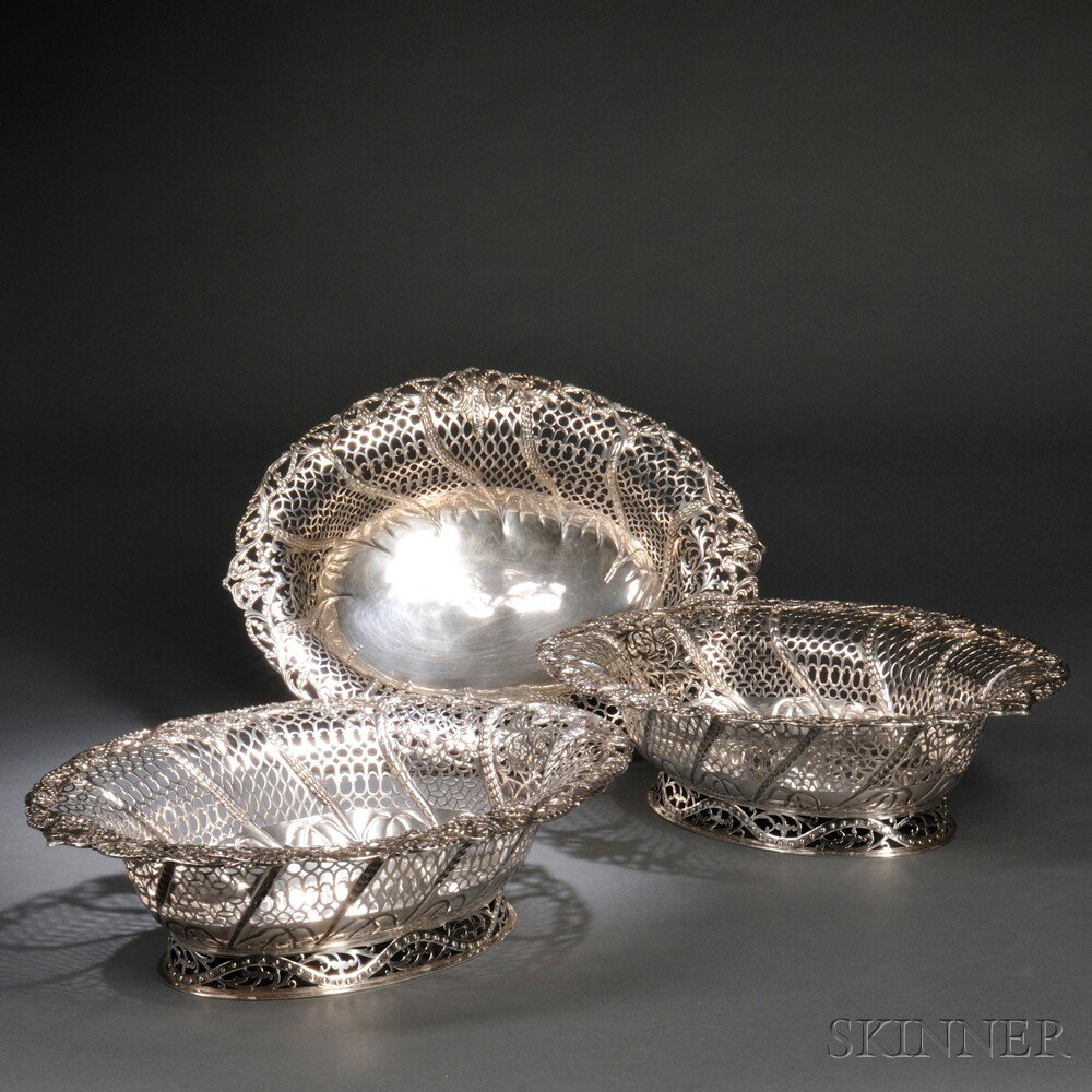 Appraisal: Three George V Sterling Silver Fruit Baskets London - Lionel