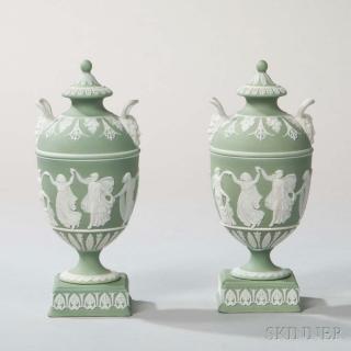 Appraisal: Pair of Wedgwood Green Jasper Dip Vases and Covers England