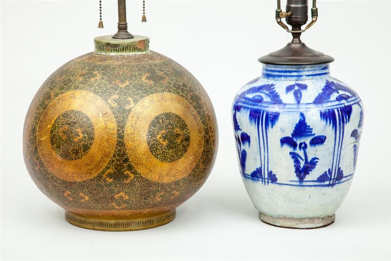 Appraisal: Kashmiri Lacquer Lamp and a Turkish Blue and White Pottery