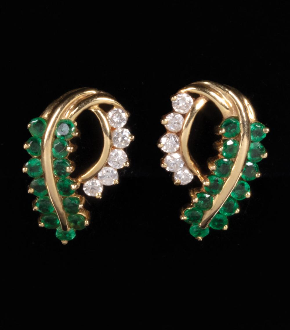 Appraisal: Pair of kt Yellow Gold Emerald and Diamond Earrings missing