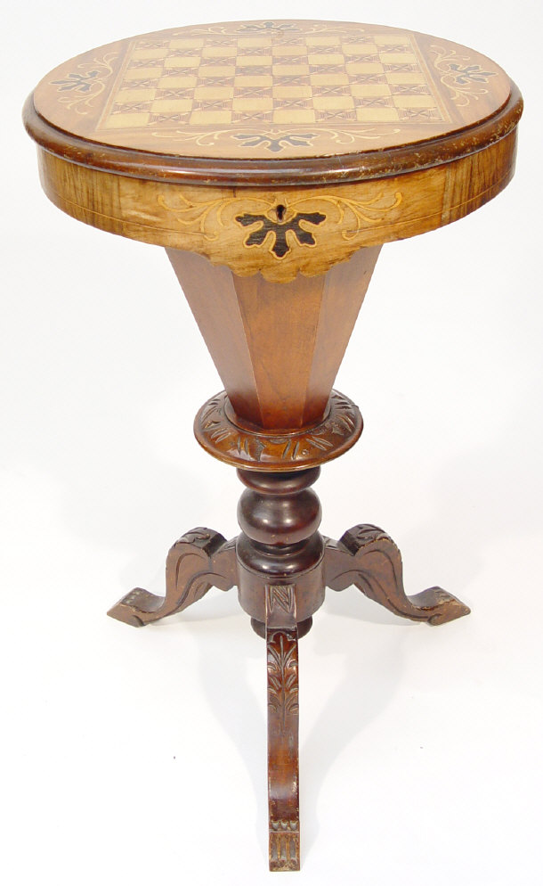 Appraisal: Victorian walnut work table with inlaid chess top the hinged