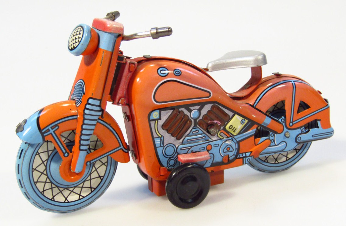 Appraisal: A thC tin plate clockwork motorbike in orange with blue