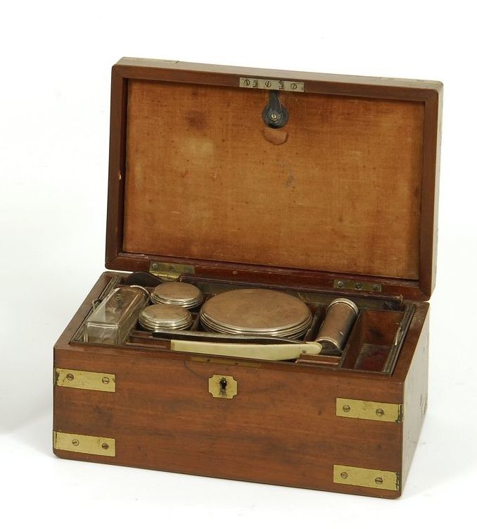 Appraisal: ENGLISH CASED GENTLEMAN'S SHAVING SET London Circa - Brass-inlaid mahogany