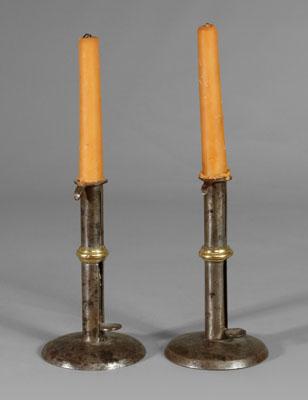 Appraisal: Pair wedding band hog scraper candlesticks iron with cylindrical shafts