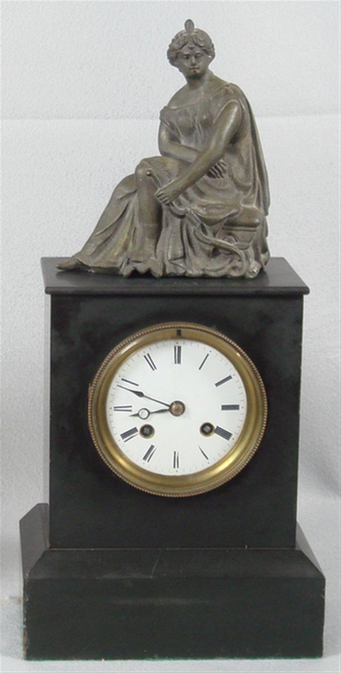 Appraisal: French black onyx mantle clock porcelain dial multiple hairlines removable