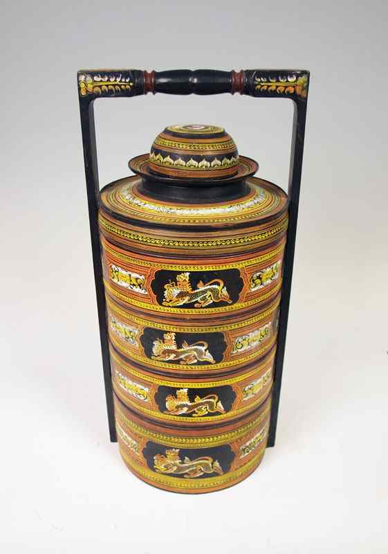 Appraisal: STACK CHINESE WEDDING BASKET Polychrome painted wood and floral motifs