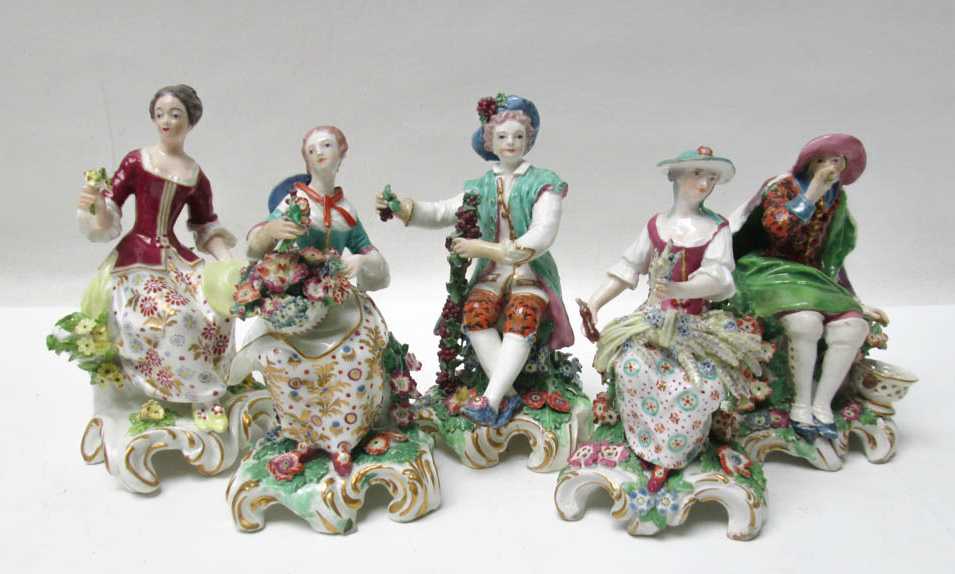 Appraisal: FIVE CHELSEA PORCELAIN FIGURINES various seated figures in detailed genre