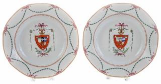 Appraisal: Pair Chinese Export Armorial Soup Plates circa famille rose enamels