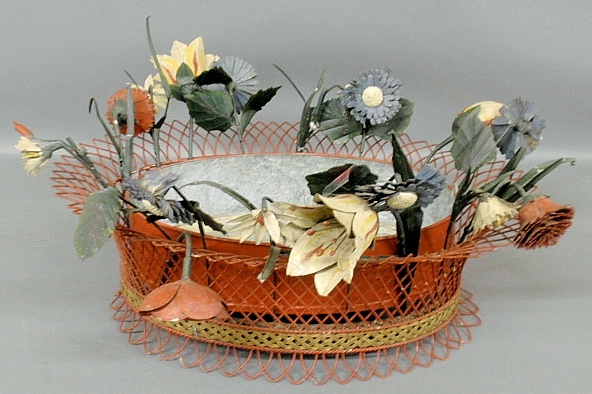 Appraisal: - Continental wire planter basket with paint decorated metal flowers