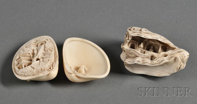 Appraisal: Two Ivory Netsuke Japan th century an oyster shell and