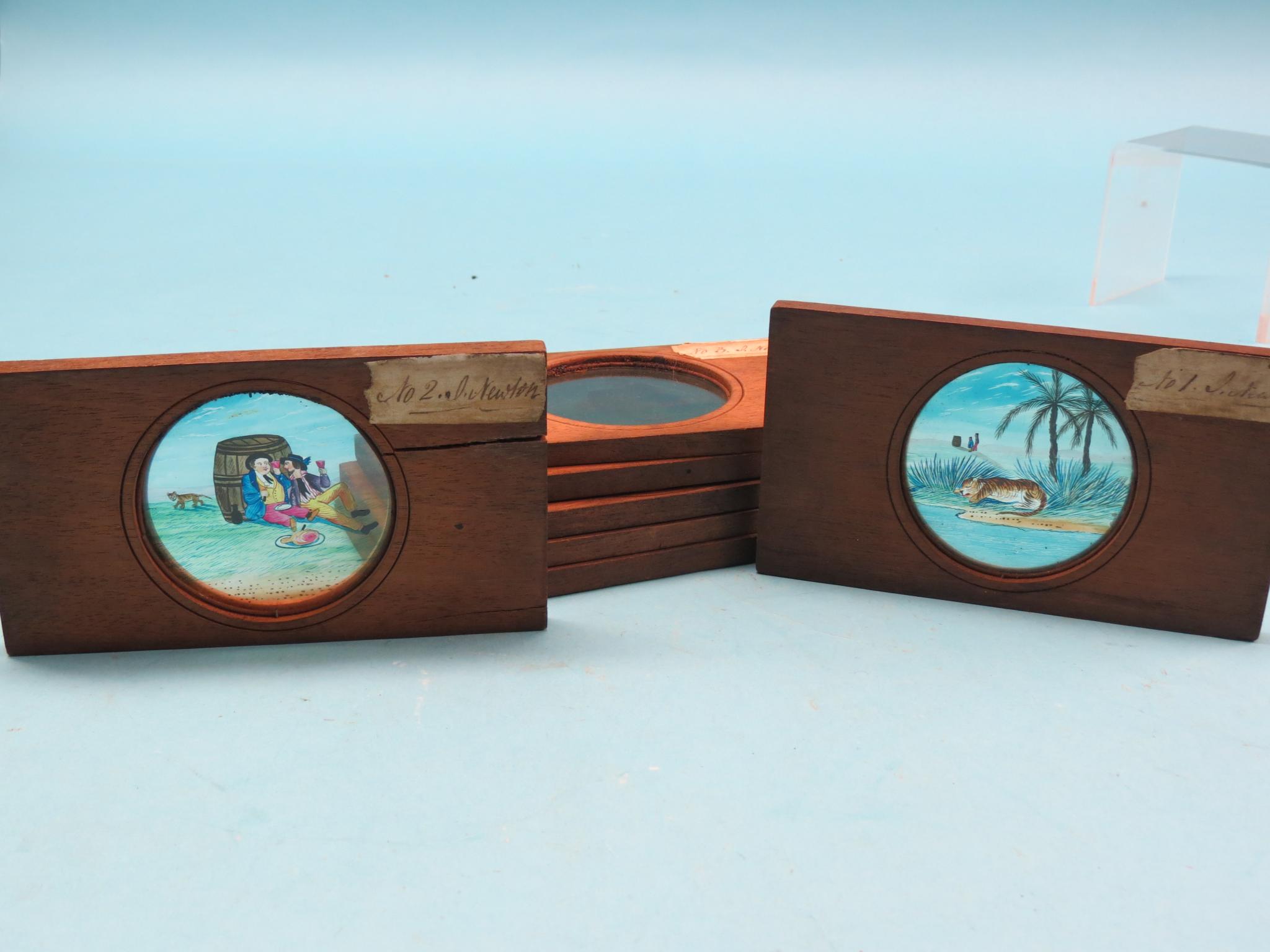 Appraisal: A set of seven magic lantern plates hand-painted with a