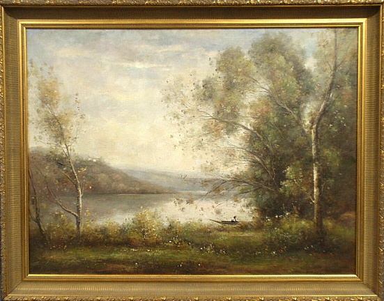 Appraisal: - Large oil on canvas painting of a river scene