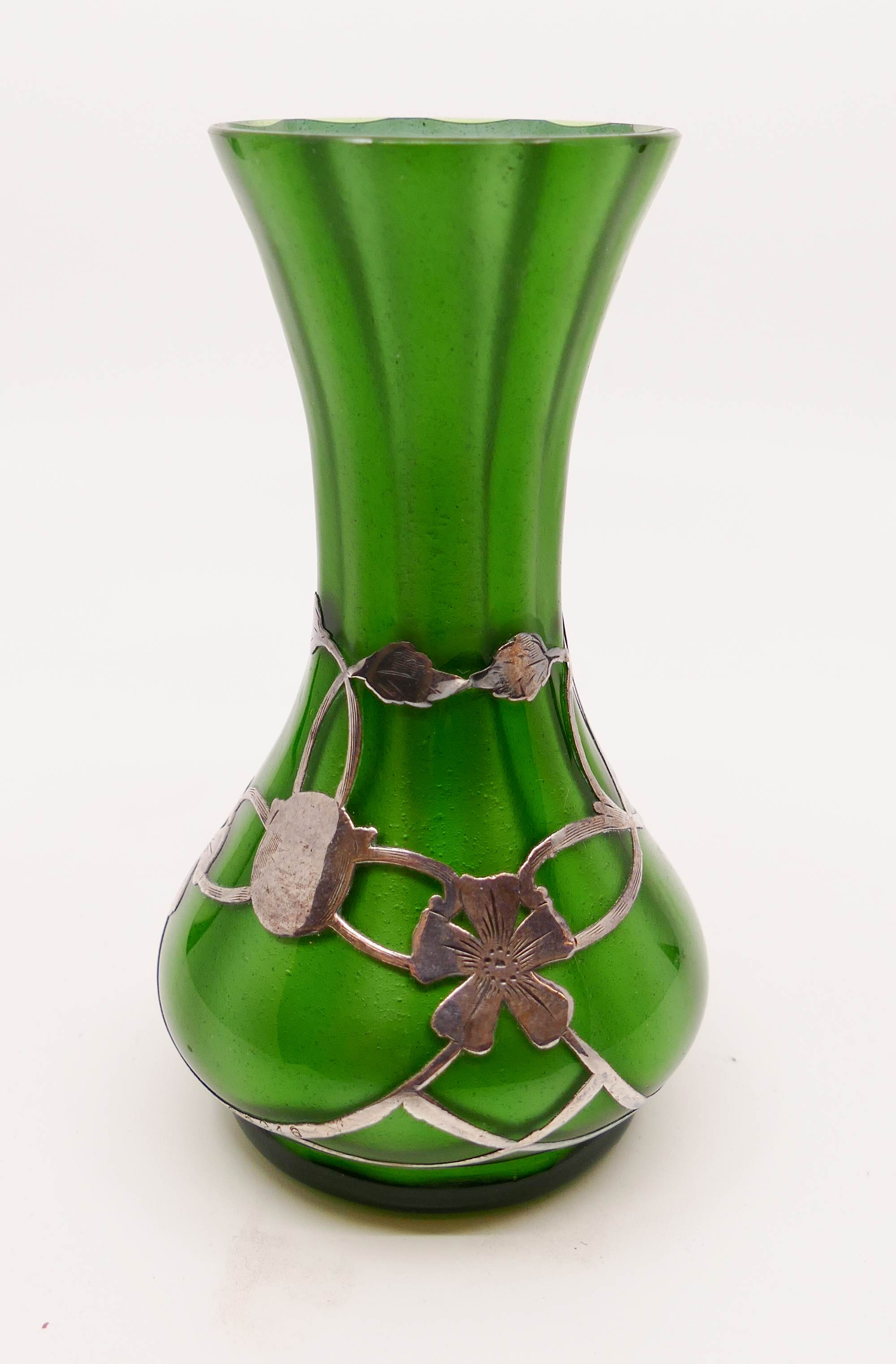 Appraisal: Silver Overlay Green Glass Cabinet Vase- x ''