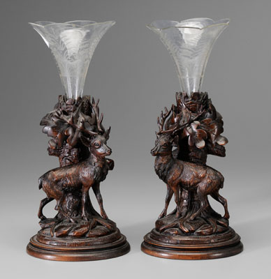 Appraisal: Pair carved wood and glass vas